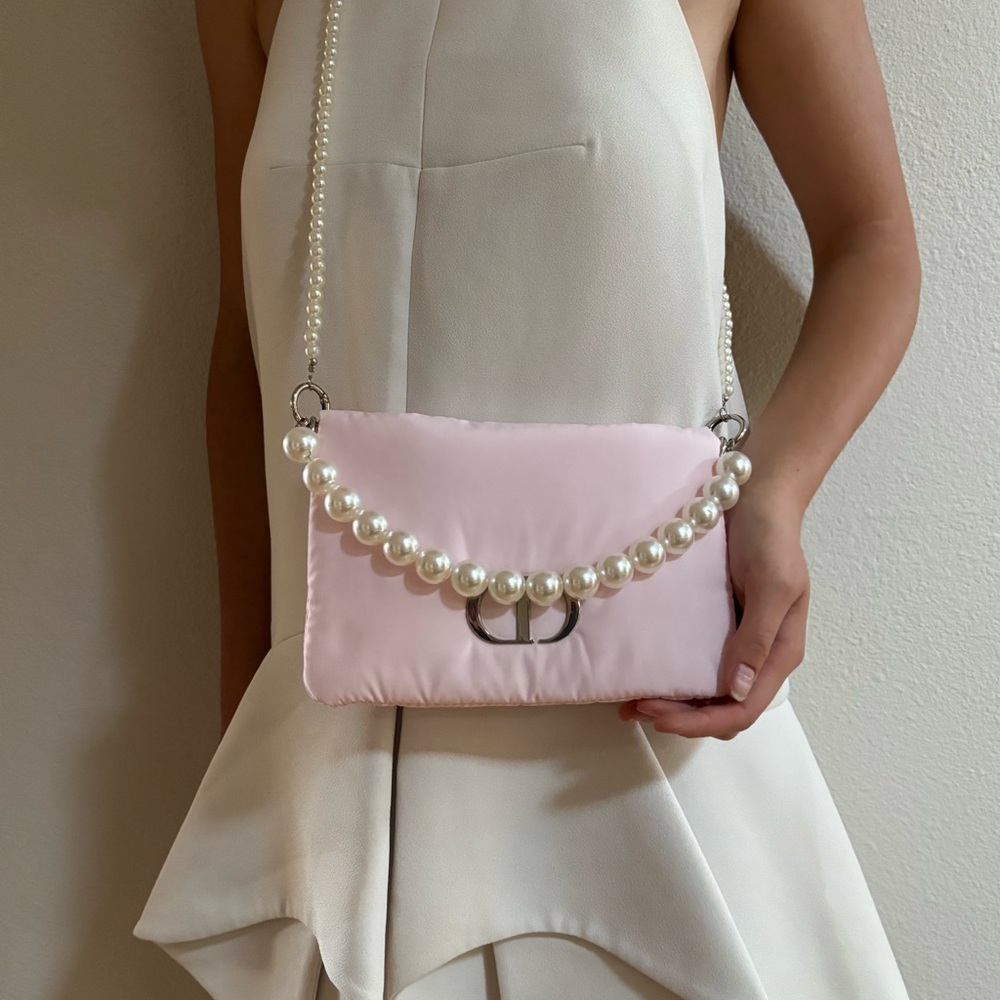 DIOR CD Pink puffer Women's Bag with Pearl Strap logo purse clutch rare bride